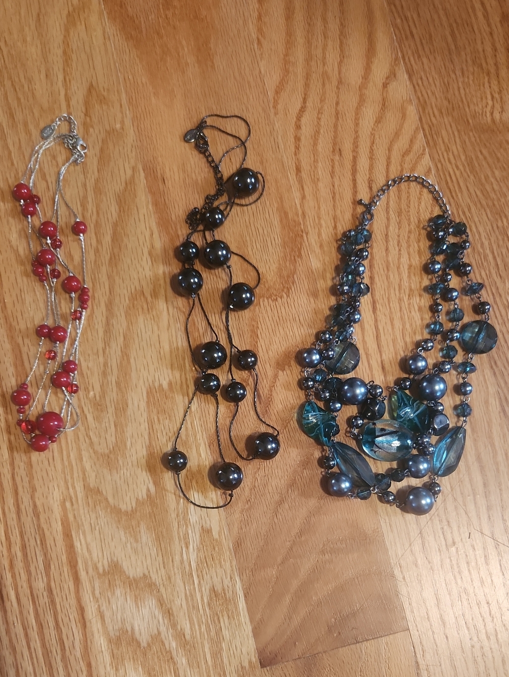 Bundle Of Three Beaded Statement Necklaces Red, Black, And Green